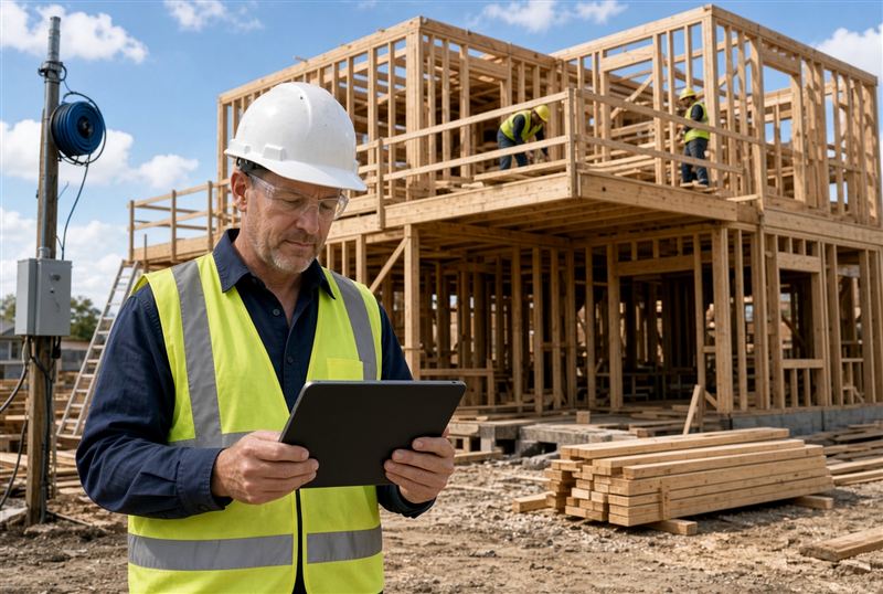 A construction professional in a hard hat and safety vest on site